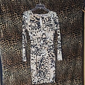 Jennifer Lopez Black and Cream Animal Print Long Sleeve Dress